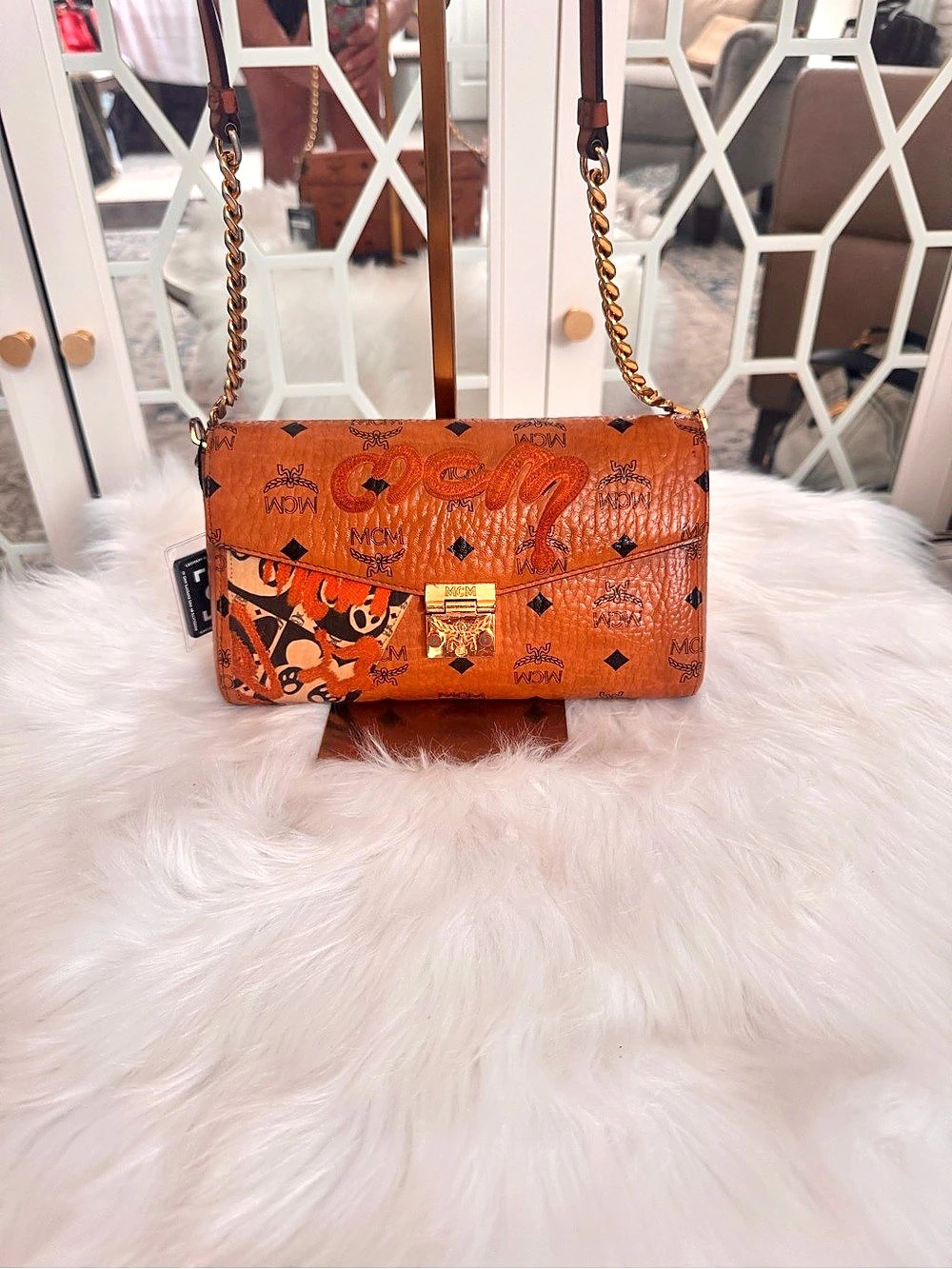 MCM Visetos Embroidered Berlin Bear Medium Millie Crossbody Bag